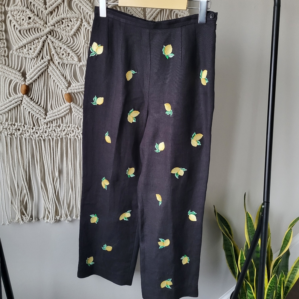 Talbot black linen trousers with embroidered lemons throughout.  Size 4